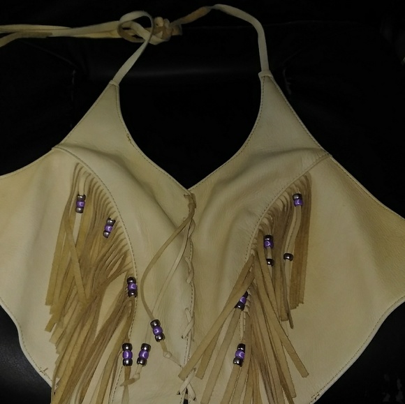 Tops - Leather beaded fringe top,beads are removable